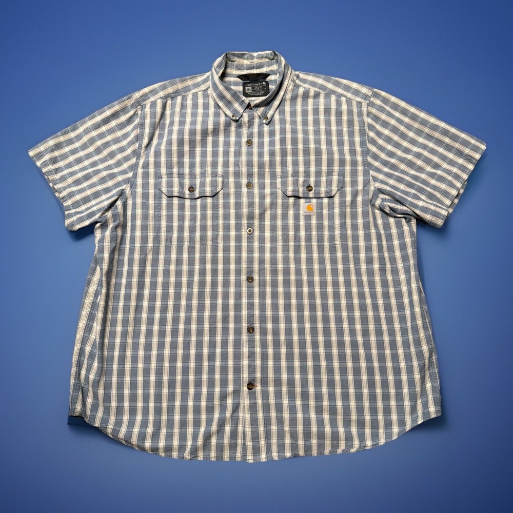 Carhartt Men's Blue Plaid Loose Fit Short Sleeve Button Up Shirt Size 2XL